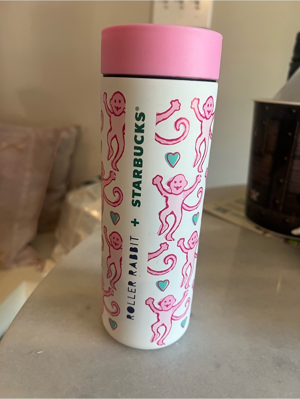 Starbucks Pink and White Monkey Pattern Tumbler with Teal Accents